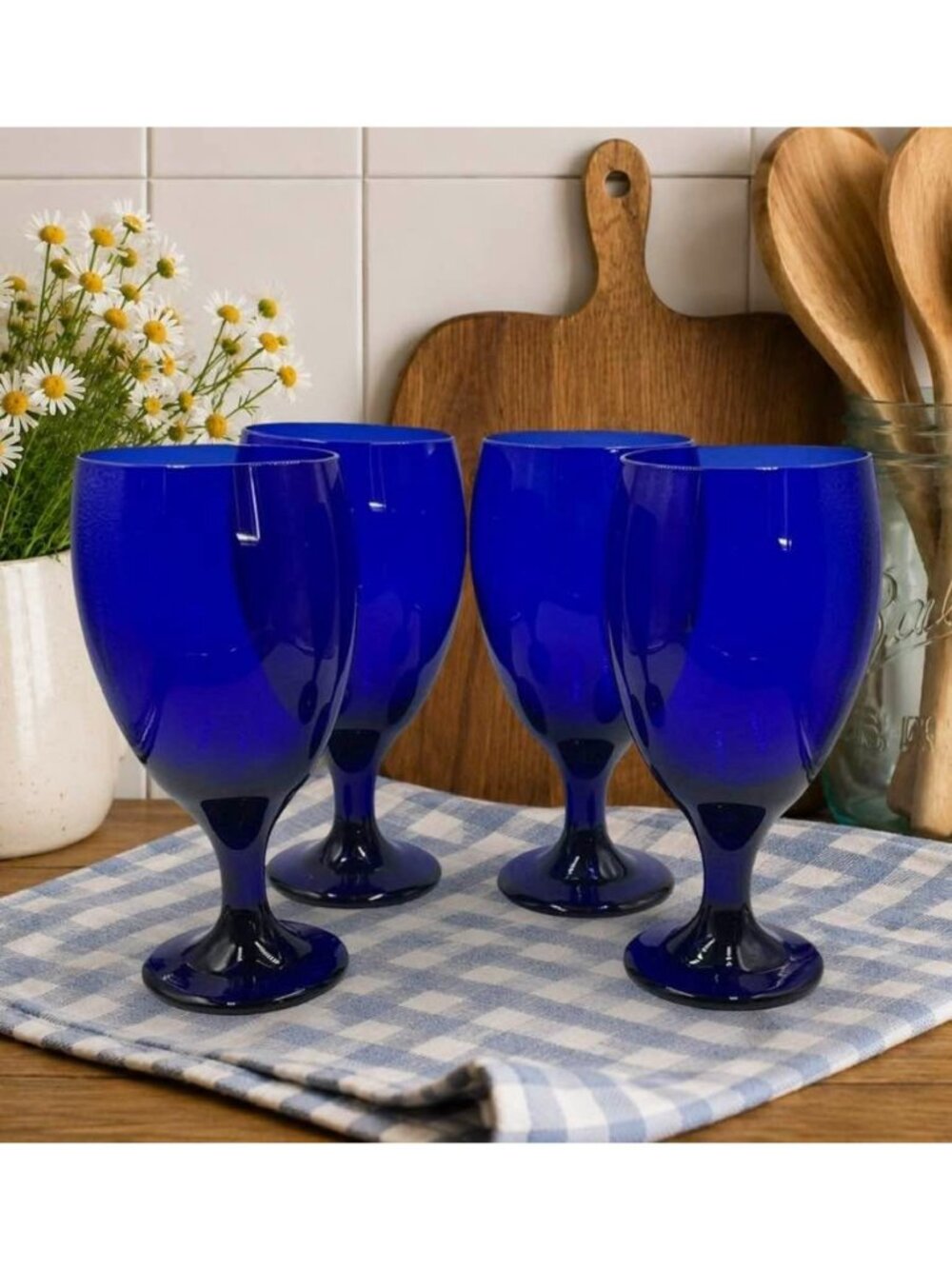 Libbey Premiere Cobalt Blue Tulip Goblets Set of 4 Vintage 1990s Blue Glassware
